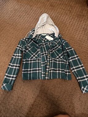 Plaid Green Hooded Button-Up Shirt Jacket